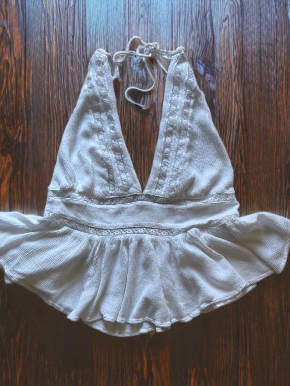 Free People Cream Halter Peplum Lace-Trim Top
